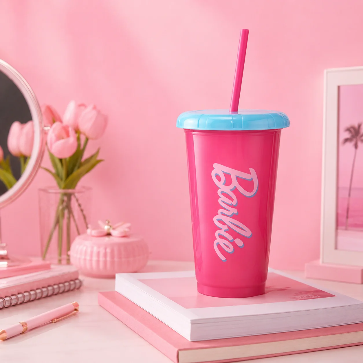 MINISO Barbie Sunshine Glow Series 520ml Plastic Straw Cup Set 4PCS Reusable Tumbler Cute Drinkware Summer Water Bottle Gift view 4
