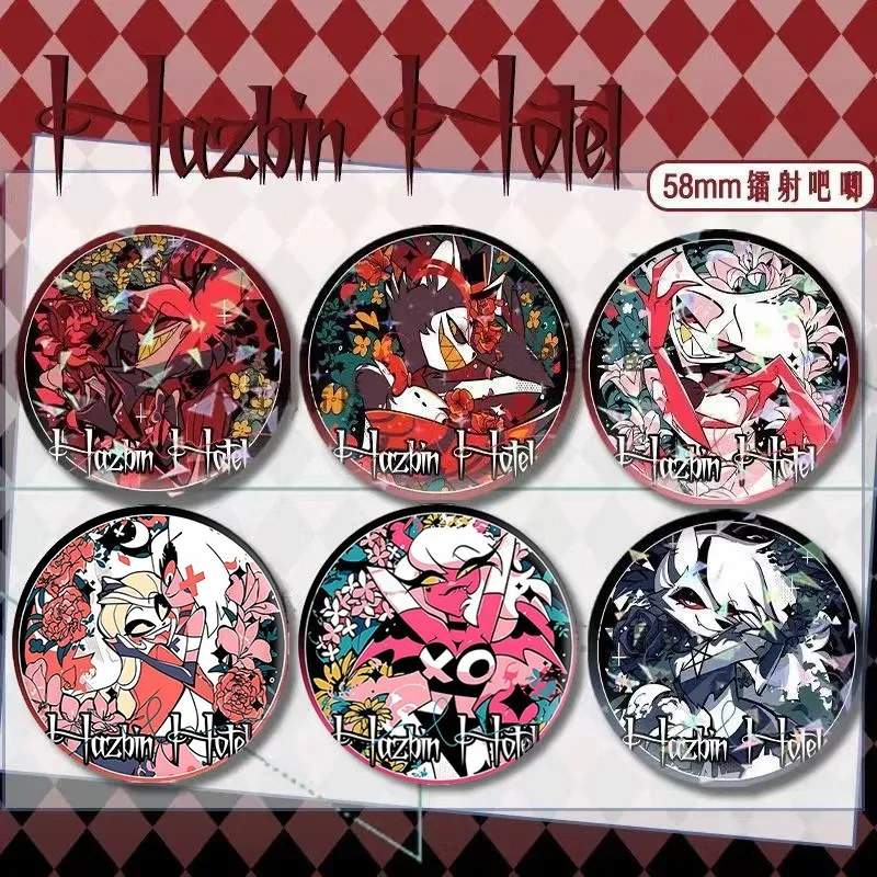 

Hazbin Hotel Alastor Angel Dust Lucifer Tinplate Laser Broken Glass Effect Badge Brooch Pendant Cute Cartoon Character Pin Gift