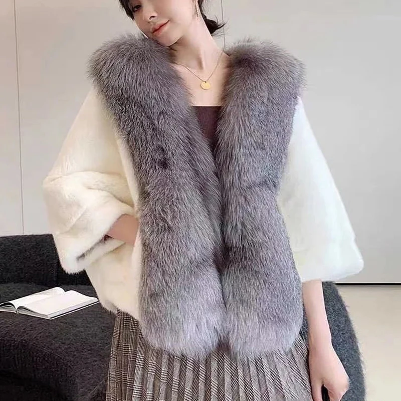 High Quality Women's Mink Fur Jacket Winter Loose Ponchos Winter Baggy Bat-Sleeved Fox Fur Collar Coat Fashion Fur Shawl