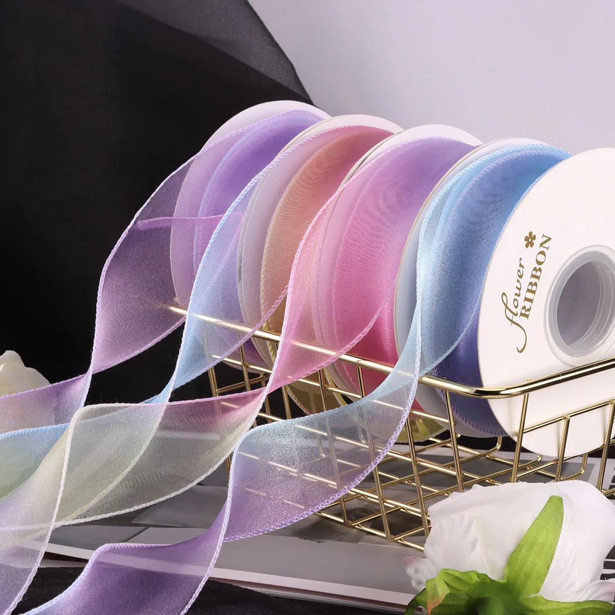 40mm/5m Colourful Gradient Fishtail Yarn Ribbon Fantasy Mesh Ribbon For Baby Shower Gift Wrapping Hair Corsages DIY Crafts view 2
