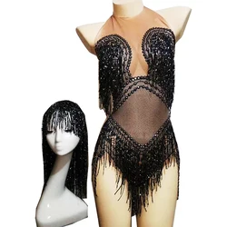 Bodysuits pretos sem costas com cocar para mulheres, strass brilhantes, borla sexy, boate, desgaste do jazz latino, trajes de arrastar palco