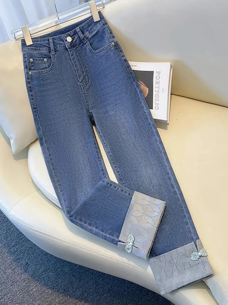 

High Waist Straight Leg Denim Jeans Women's New Chinese Style National Trend Autumn 2024 New Small Size Nine Points Button