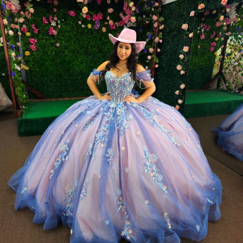 

Lavender Quinceanera Dresses off-shoulder Glitter Decal 3D Flower Lace layering Long tail Vestido De 15 Quinceanera Customize