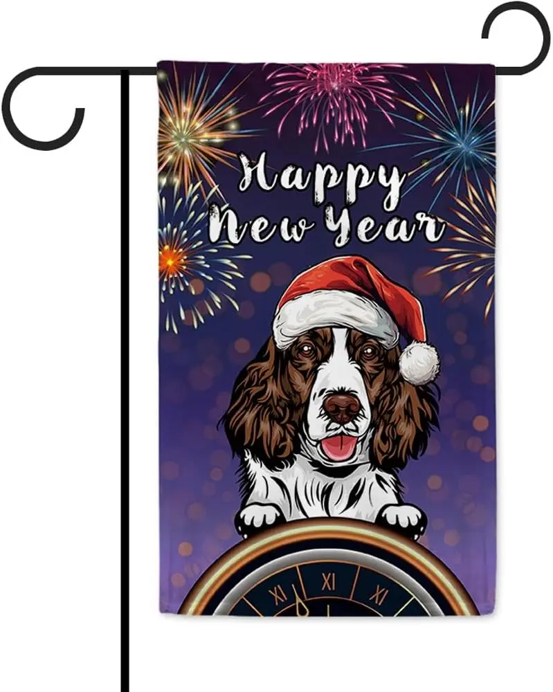 Happy New Year Firework Garden Flag English Springer Spaniel Dog with Santa Hat Christmas Day Outdoor Yard Decor Flag 12.5x18 In