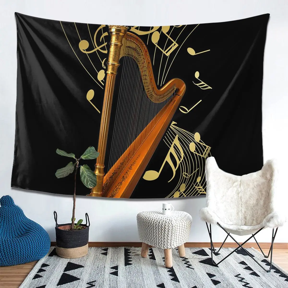 

Арфа и музыкальная нота, художественный гобелен, декор, художественные эстетические гобелены для гостиной, спальни, дома, настенная ткань, настенная подвеска