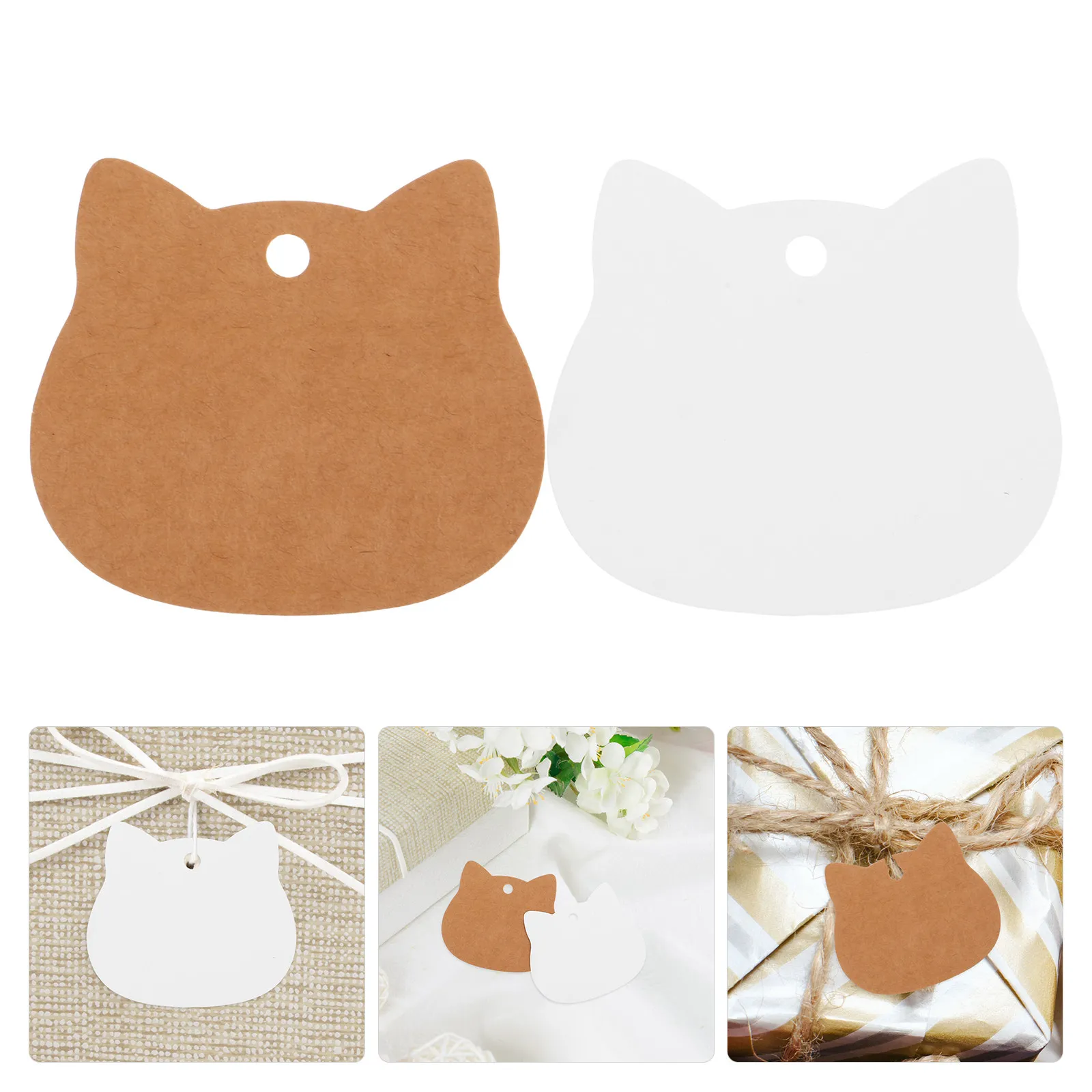 200Pcs Cat Head Kraft Paper Tags Blank Writable Hang Tags Pre-Punched Holes for Wedding Holiday Party Decorations
