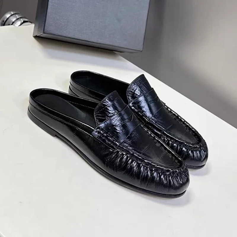 Dilalula 2026 Franse stijl dames echt lederen muilezels geplooide slip-on platte slippers casual slides plus maat 34-43