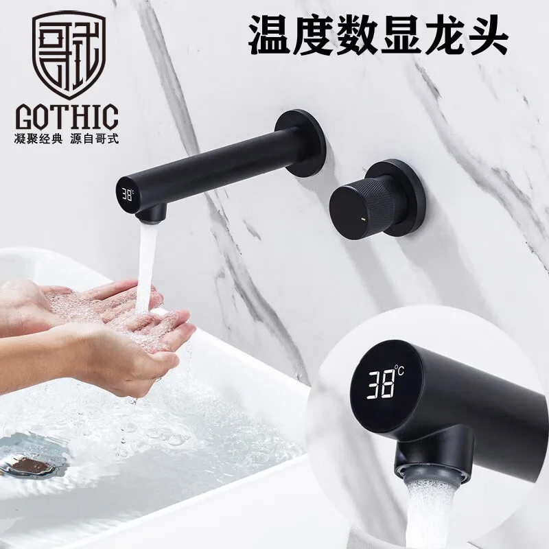 

German Gun Gray Concealed Bathroom Basin Faucet Copper Black Hot&Cold LED Digital Display Embedded Wall Mount White Basin Mixer