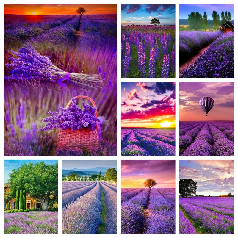 

Lavender Field Nature Flower Scenery Diamond Art Painting AB Drills French Sunset Landscape Mosaic Cross Stitch Room Decor