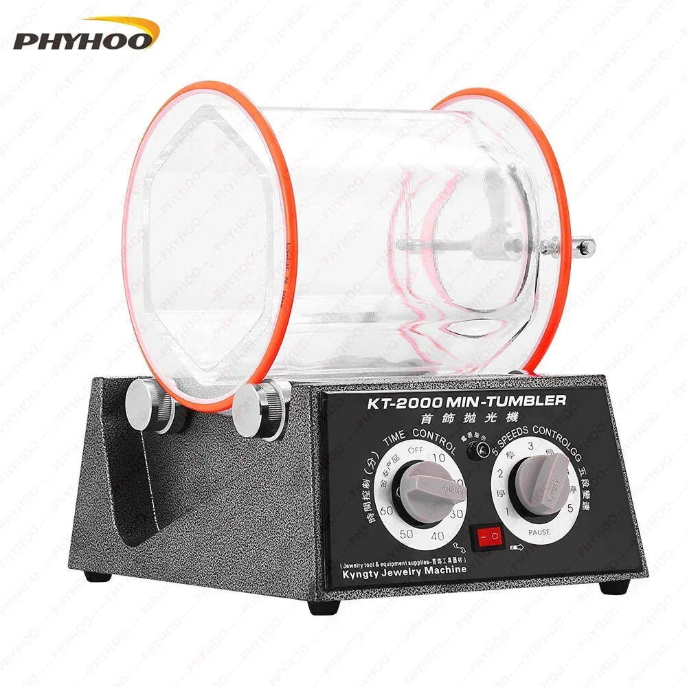 PHYHOO 5kg Rotary Tumbler Jewelry Polisher Bead Surface Cleaner Drum Polishing Finisher Machine KT2000 with Timer for Chamfering