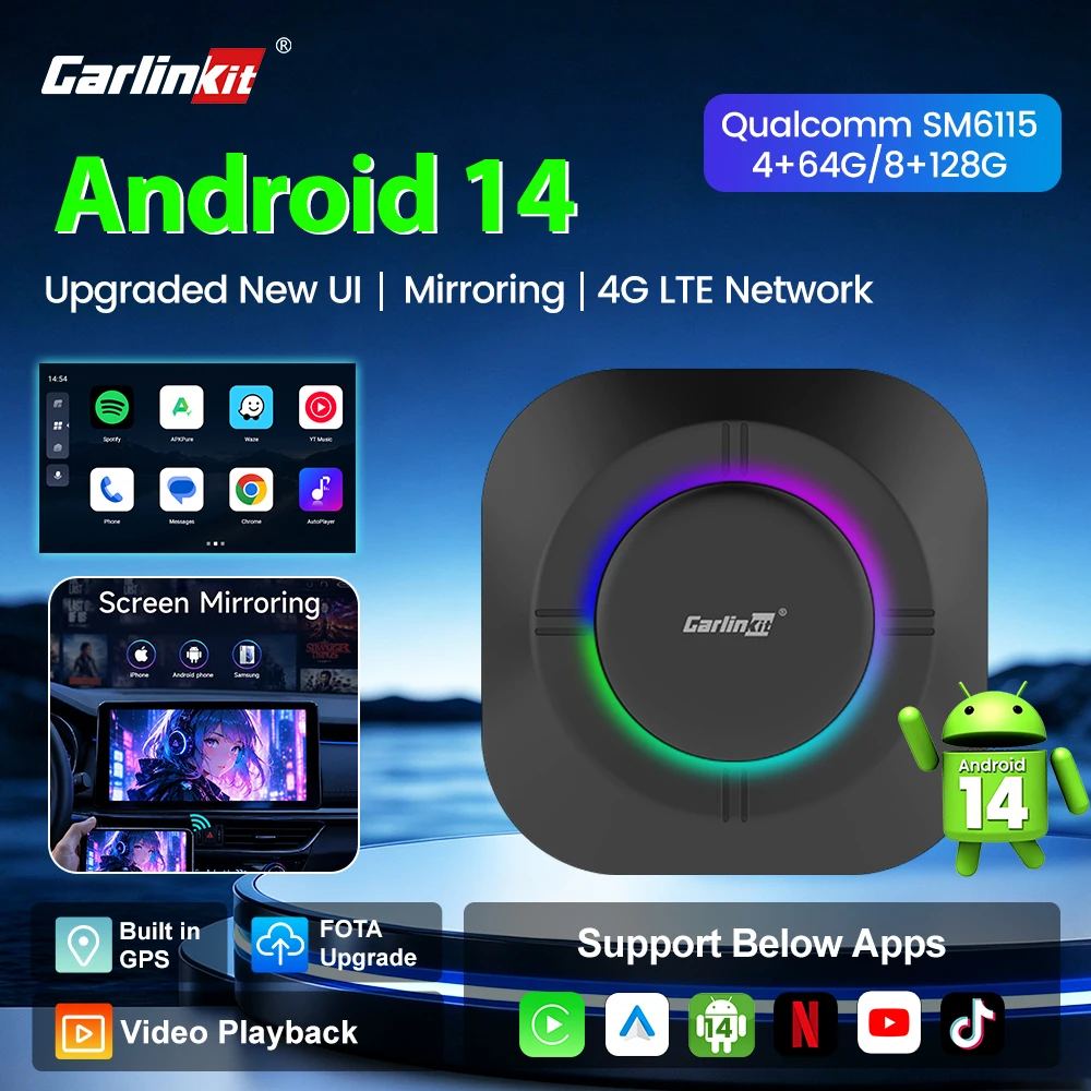 Carlinkit Android 14 AI Box Android Wireless Carplay Adapter Support Screen Mirroring 8-cores 128G Smart Box For Netflix IPTV