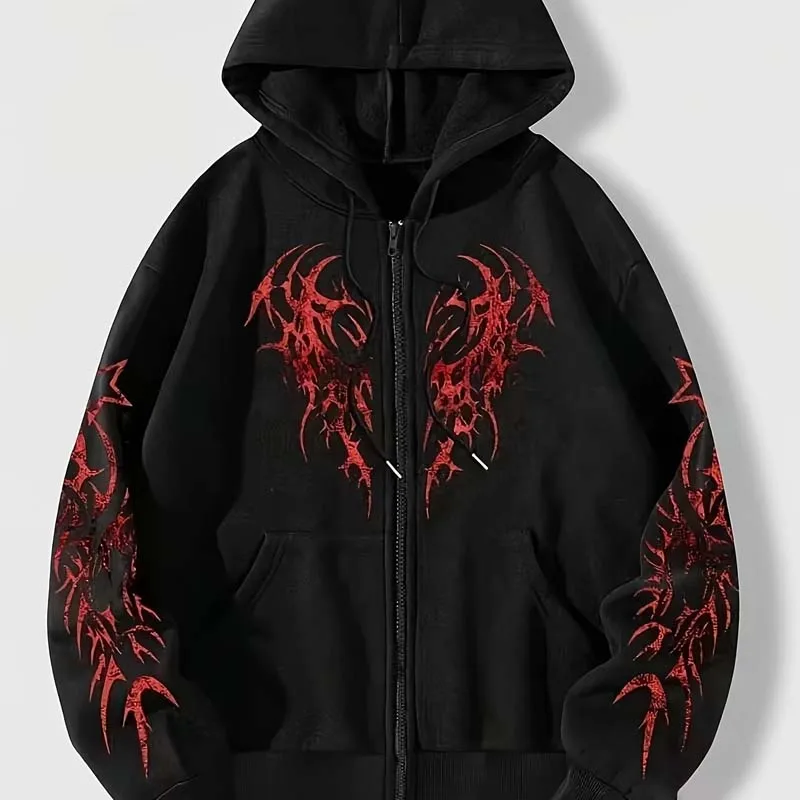 Herbst Winter Gothic Grafik-Print Reißverschluss-Hoodie Herren Lässige Mode Streetwear Fleece-Jacke Mantel Langarm Reißverschluss-Sweatshirt – Detail 5