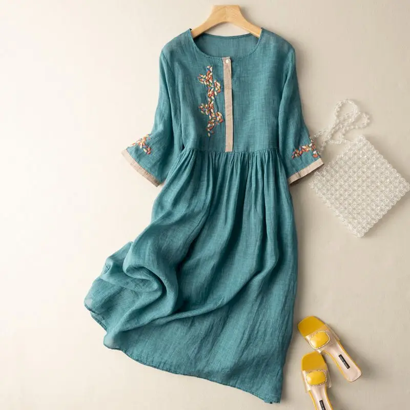 

Cotton Linen Dress Women Fashion Embroidery Vintage Loose Dresses Casual Design Patchwork Three-quarter Sleeve Dress Summer Thin