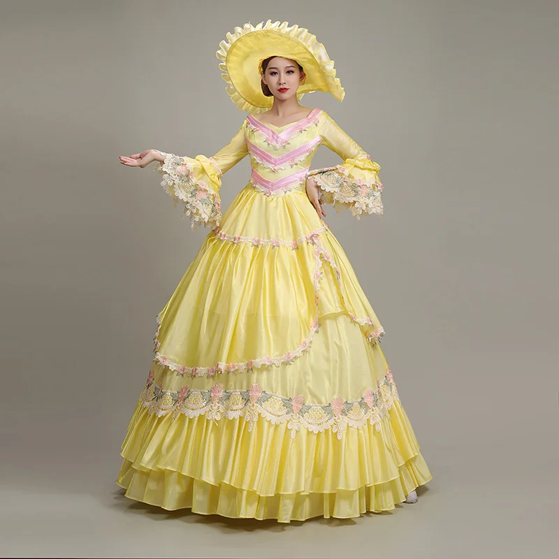 Robe Renaissance médiévale victorienne pour femme, robe de Rhde théâtre jaune, scène 303 avec chapeau, robe de princesse Palace