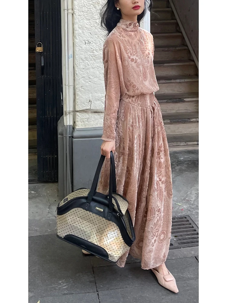 French Pink Velvet Inner Maxi Dresses Ladies 2024 Spring and Autumn New High-End Long Sleeve Stand Collar Long Dress for Women