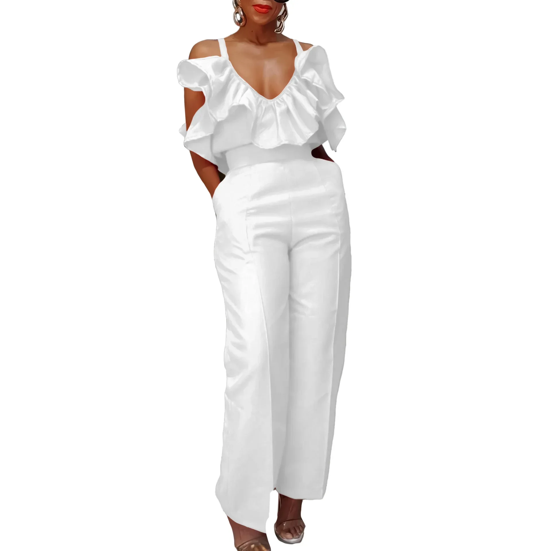 2024 Africa Clothes for Women Summer Elegant V-neck Sleeveless 2 Piece Top Long Pant Matching Sets Outfits S-3XL Africa Clothing