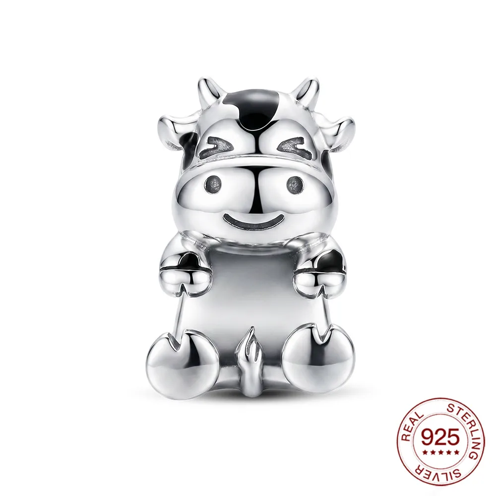 New 925 Sterling Silver Charm Cute Cow Hug Beads Fits Original Bracelets Fine Animal Zodiac Ox Jewelry Gifts For Women