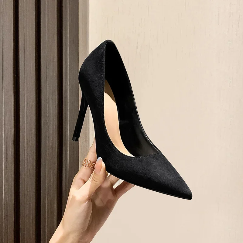 

Маленькие размеры 31–43, замшевые черные женские туфли на высоком каблуке, туфли-лодочки на шпильке на тонком каблуке, женская обувь для вечеринок с острым носком