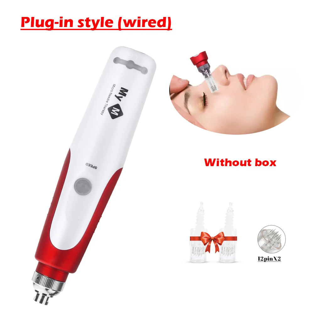 Electric Derma Pen w/ 2pc 12pin Bayonet Needle Tips Exfoliate Shrink Pores Device Professional Plug-in Micro Rolling Derma Stamp