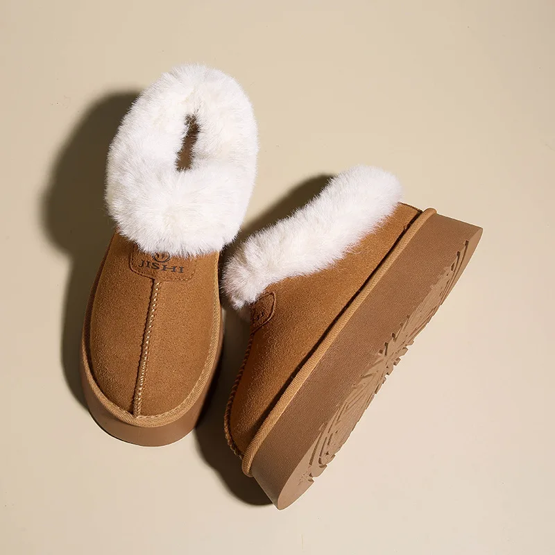 2023 Winter New Small Thick Sole Low Top Women's Snowy Boots with Leather and Fur in One Step Warm Reversed Fur and Cotton Shoes