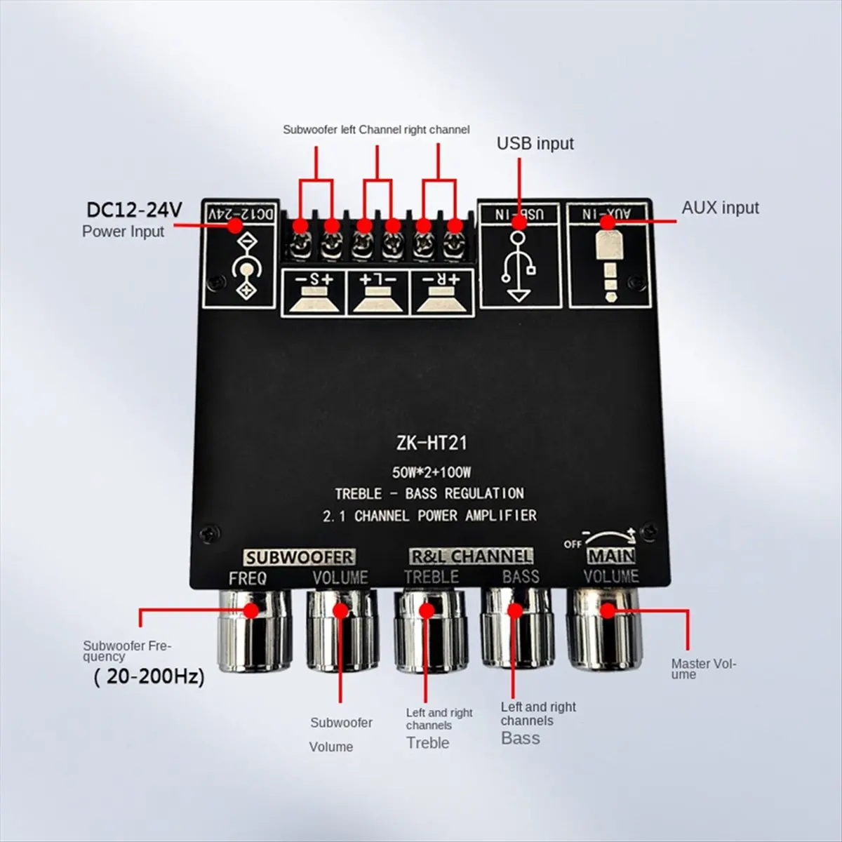 

-TH21 Bluetooth 5,0 2,1-канальный усилитель сабвуфера, плата 50 Втx2 + 100 Вт, 2,1-канальный силовой аудио стерео бас AMP-A22U