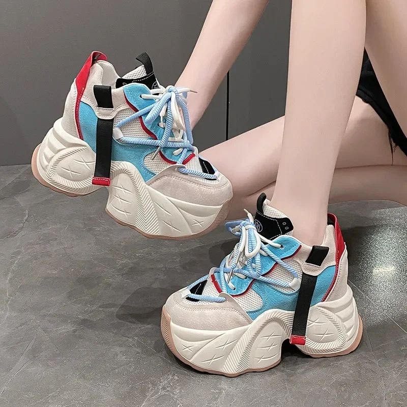 11CM Women Chunky Sneakers New 2024 Autumn High Platform Mesh Dad Shoes Women Casual Trainer Sneakers Thick Sole Vulcanize Shoes