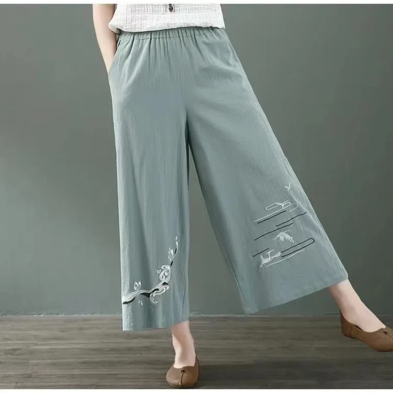 Women's 2024 Summer New Spliced Elasticized High-waisted Embroidery Pocket Fashion Solid Color Loose Minimalist Casual Pants