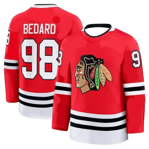 เสื้อฮอกกี้แบล็คฮอว์กส์ “เบดาร์ด 98” สีแดง แต่งลายขาวดำ เสื้อกีฬาระบายอากาศและแห้งเร็ว เสื้อพิมพ์ลาย 3 มิติ