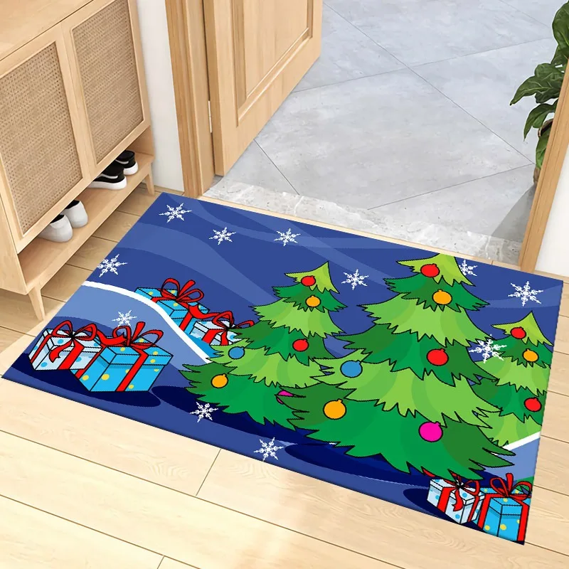 Christmas Tree Carpet Mat Rug Gift Box Santa Home Decoration Non-slip Festive Entryway Decor Floor Mat with Snowflake Design