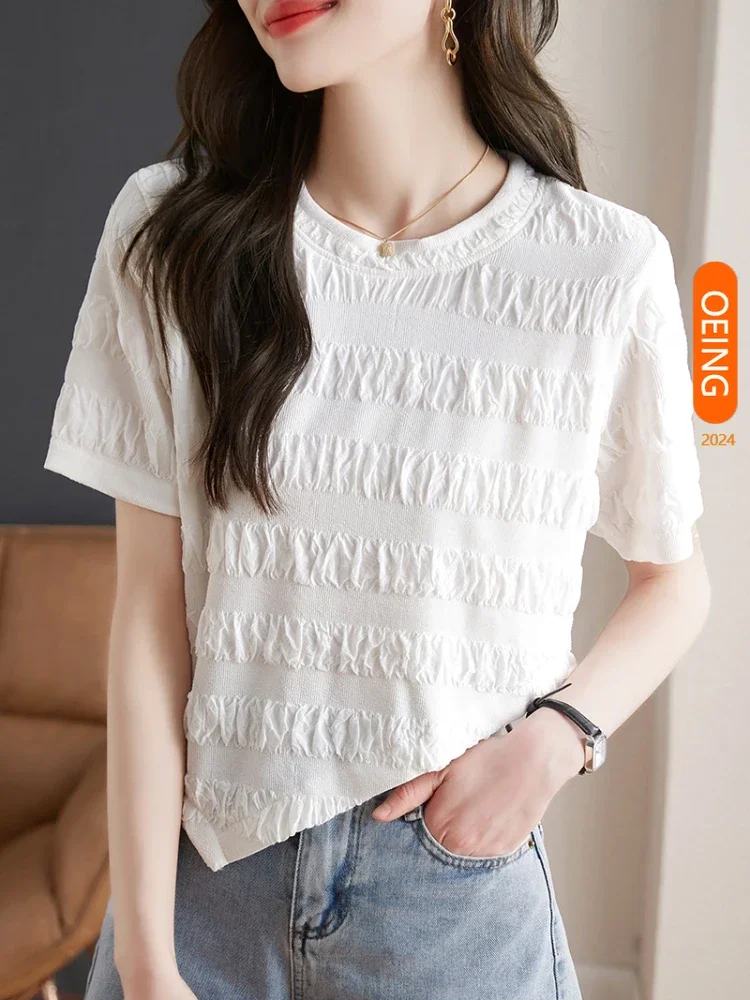 

Irregular Short Sleeved O-neck T-shirt Women 2024 Summer New Folds Spliced Slim Casual White T Shirts Y2K Crop Top Clothes B2237