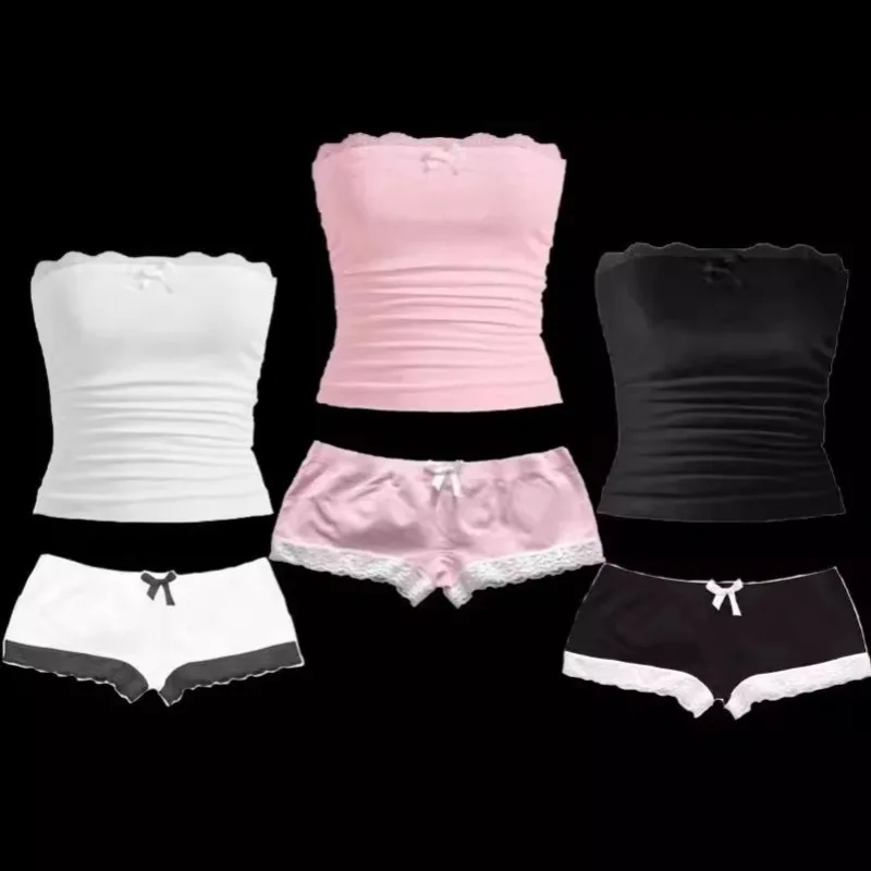 

Y2K Sweet Girls Solid Color Shorts Sexy Women Tube Top Crop Tops Lace Streetwear Cute Bow Mini Shorts Crop Top