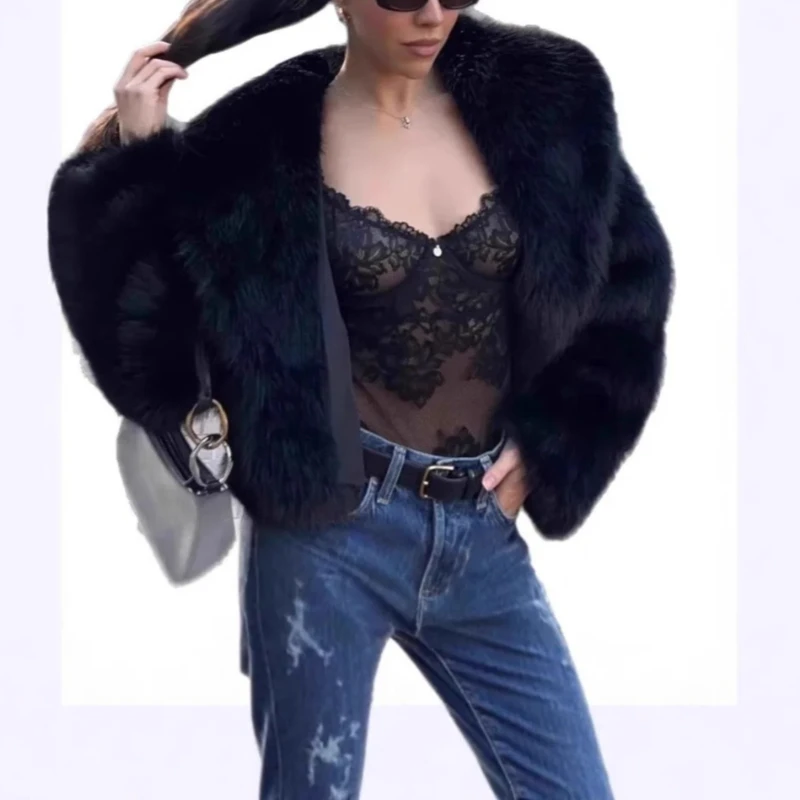 Europeu e americano pele grande lapela casaco de pele do falso curto moda casaco de pele de raposa fofo pelúcia roupas femininas