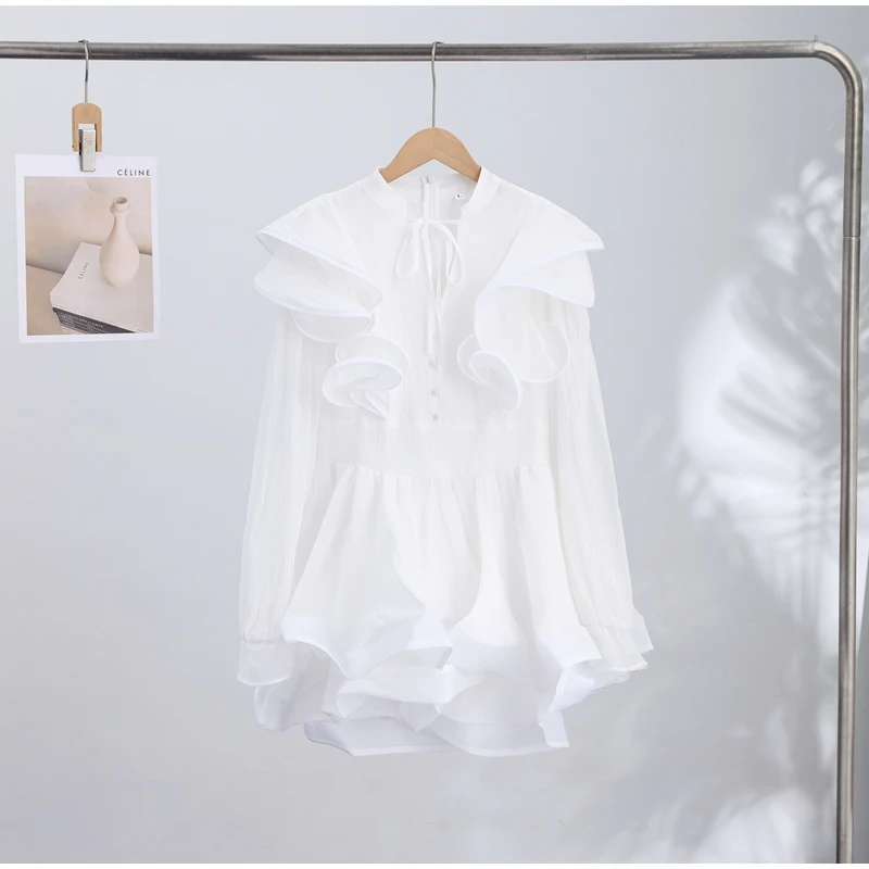 Solid Ruffle Mini Dress U Neck Long Puff Sleeve Tie Neck Tiered Hem Sweet Style Gown Soft Pastel Tones Fashion Chic Women Outfit