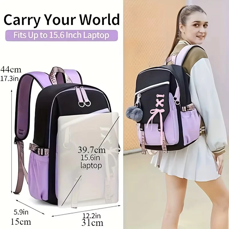 귀여운 플러시 펜던트와 대용량 Schoolbag 귀여운 소녀 배낭 방수 나일론 패브릭 Bookbag 어린이 청소년 학생