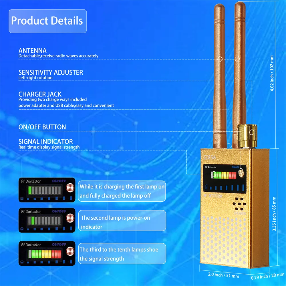 G319a profissional anti-escuta telefônica anti-espião detector de sinal de câmera sem fio rastreador gps sinal rf detectar gsm scanner de bug de áudio