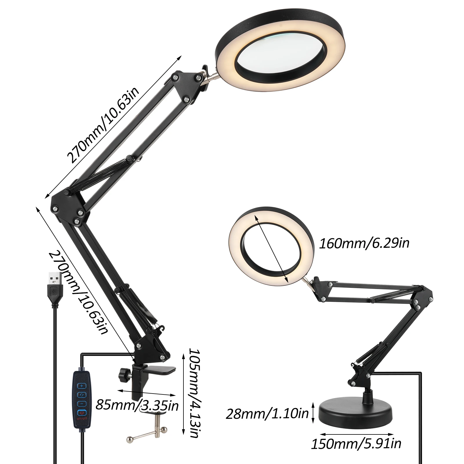 10X Magnifying Glass with Lamp 2-in-1 Desk Lamp and Clamp Adjustable Swing Arm LED Lighted Desk Lamp for Craft Hobby Close Work