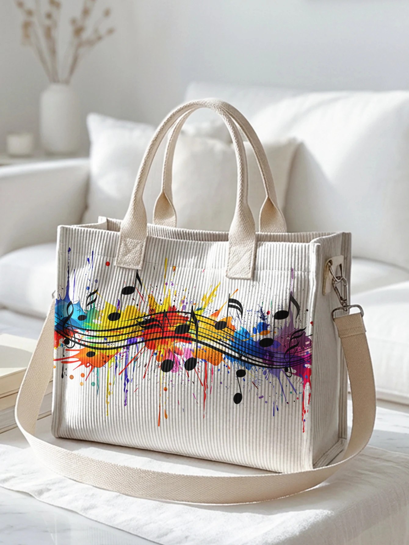 Colorful Splash Music Note Print Corduroy Tote Bag Large Capacity Multi Pocket Music Lover Commuter Shoulder Bag