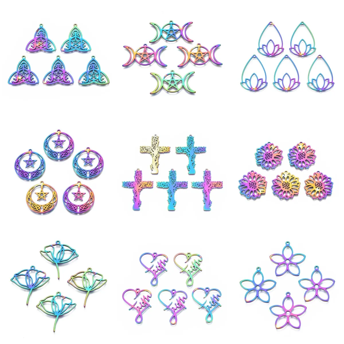 

20Pcs Rainbow Color Stainless Steel Charms Hollow Filigree Flower Cross Pendant For Bracelet Necklace Earring DIY Jewelry Making