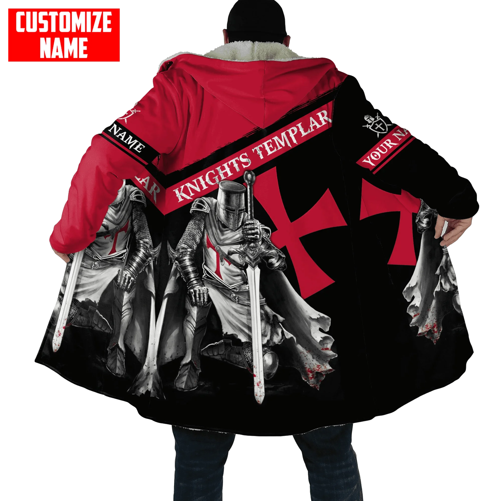 

Winter Fashion Men cloak Knights Templar Skull Custom Name 3D Print Thick Fleece Hooded cloak Unisex Casual Warm Cape coat DP34