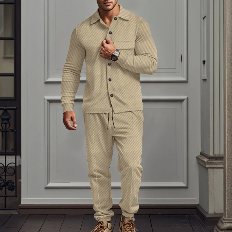 

Male Suits Fashion Loose Set 2024 Autumn Casual Two Piece Set Men's Tracksuit Jacquard Solid Color Long Sleeve Jackets And Pants