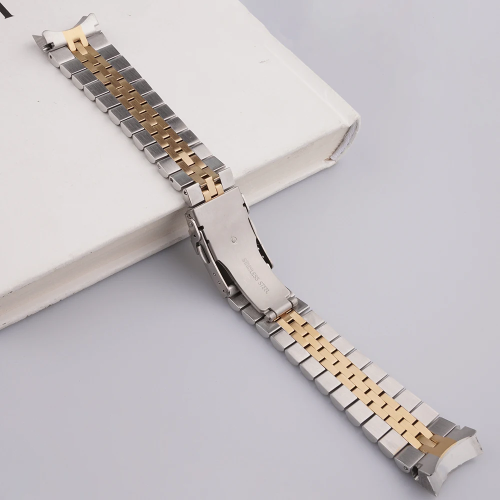 Rolamy 22mm Middle Gold Solid Curved End Stainless Steel Silver Jubilee Watch Band Strap Luxury Bracelets For Seiko SKX007 009