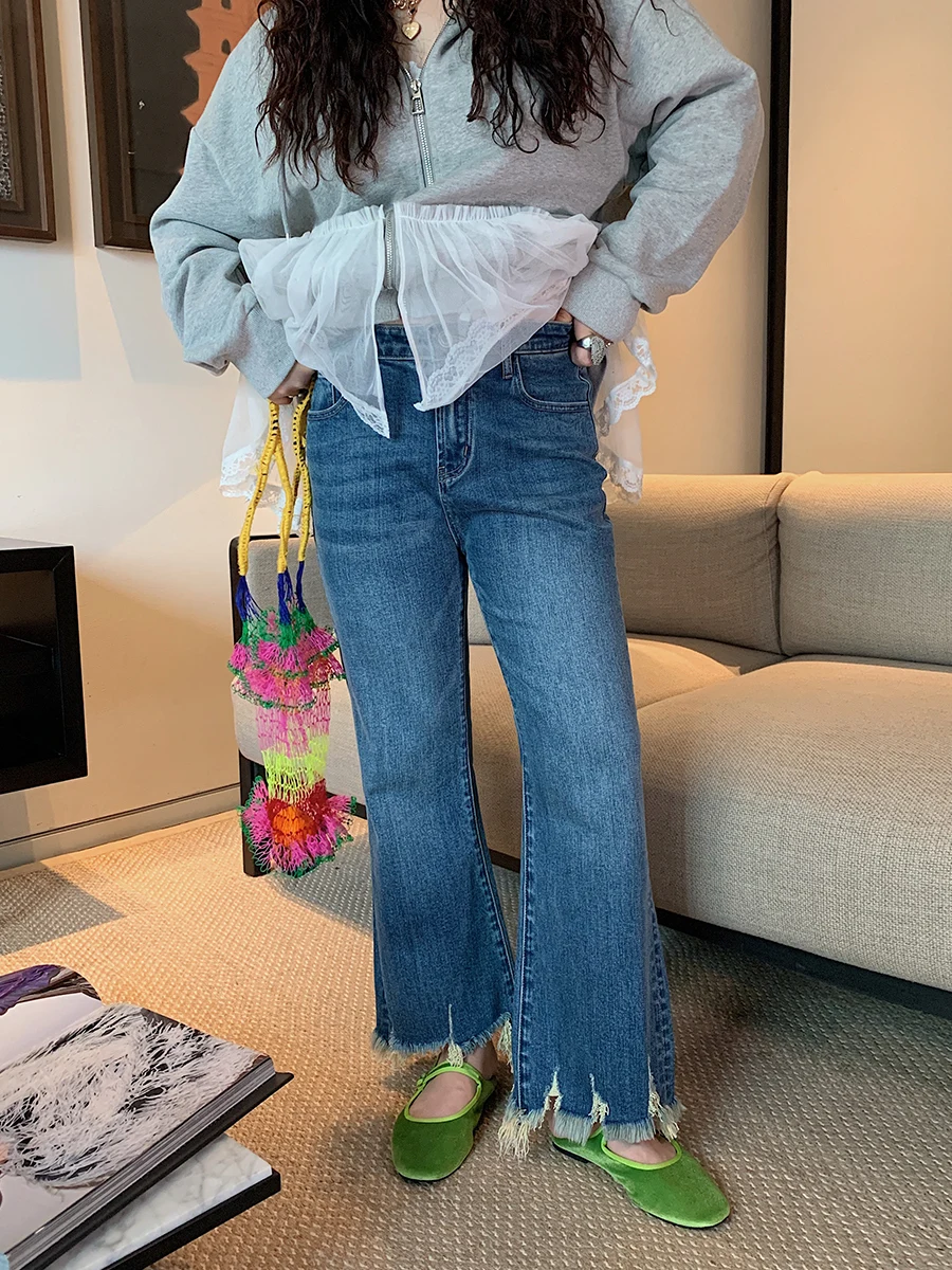 

Джинсы женские с высокой талией, расклешенные, 2025 года, новинка, весна-осень, стройнящие, джинсовая ткань, синие, для повседневной носки, больших размеров