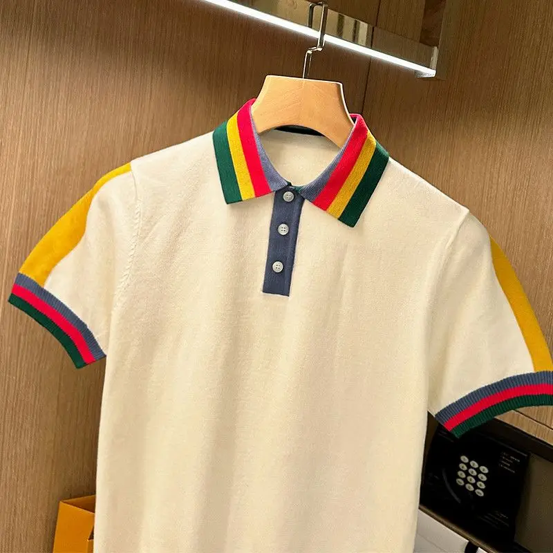 Summer Men Knitted Polo Shirts Short Sleeve Rain-bow Colored Collar T-shirts Chic Patchwork Slim Fit Tops Breathable