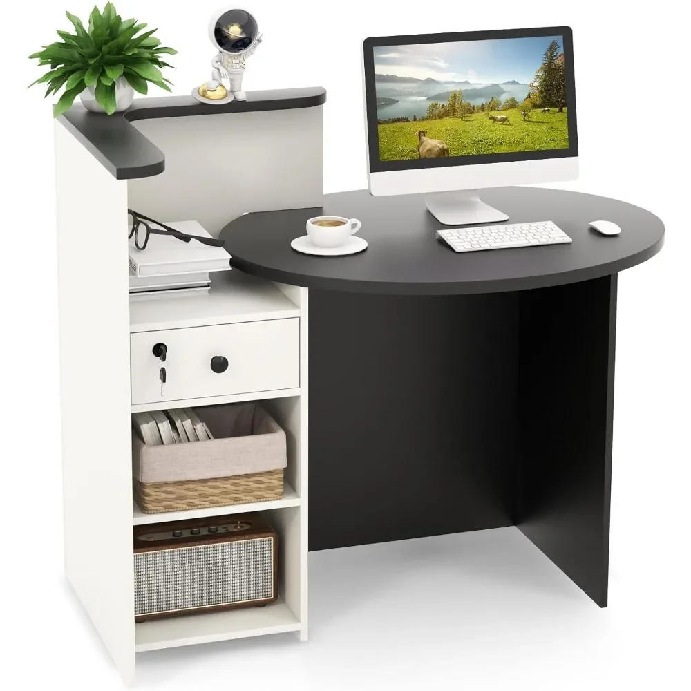 for SILKYDRY Reception Desk, Small Retail Checkout Counter with Lockable Drawer and Open Shelves, Wooden Computer Workstation