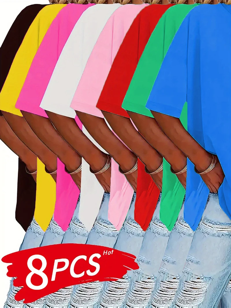 T-Shirt d'été à manches courtes pour femmes, grande taille, respirant, col rond, haut de loisirs, tissu élastique, couleur unie, Style basique