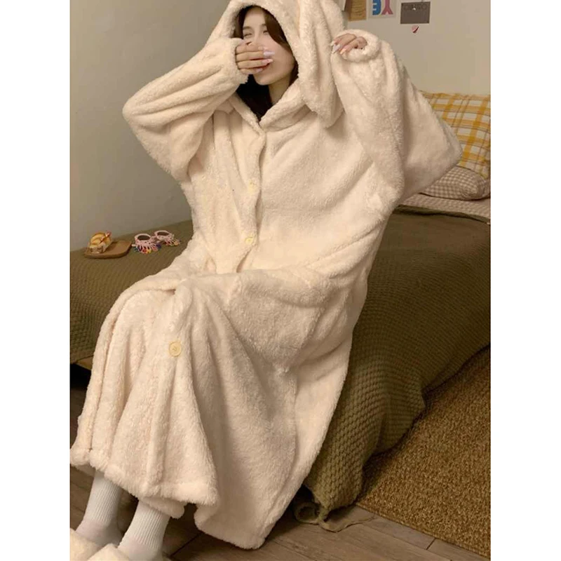 Rubbit Robe Women Sleepwear Hooded Nightdress Winter Fleece Pajama Night Wears Warm One Piece Nightgown Ruffles Homewear 2024