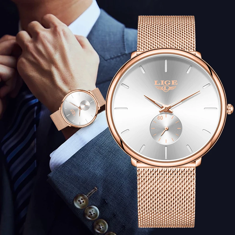 ساعة كوارتز فاخرة بتصميم LIGE من أفضل العلامات التجارية، ساعات كلاسيكية رفيعة وبسيطة وأنيقة بحزام شبكي مقاومة للماء للرجال Reloj Hombre