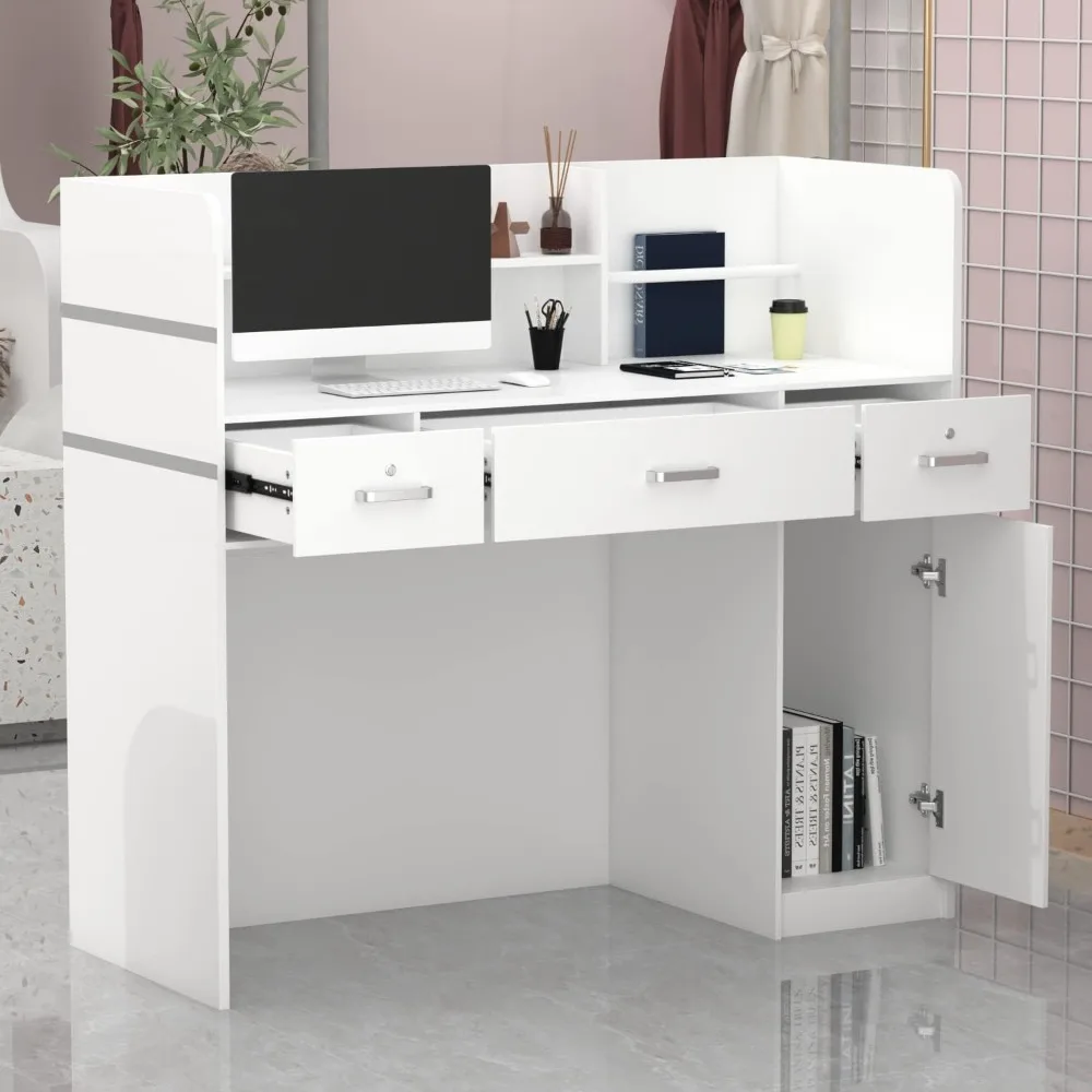 

Reception Desk Reception Stations with Open Shelf & Drawers, Wooden Counter Desk with Lockable Drawer for Office Reception