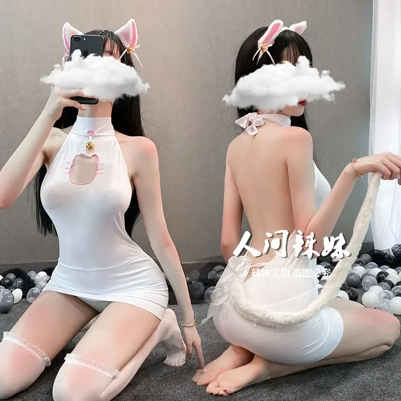 Sexy nightdress open chest hollow out chiffon dress anime Kitty cosplay cat lingerie maid temptation roleplay costumes