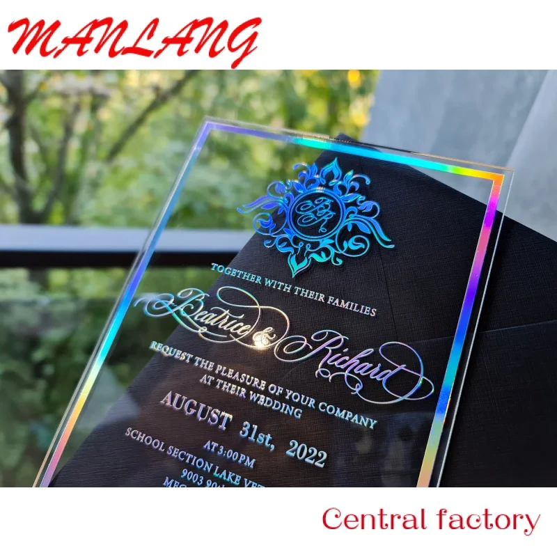 Custom  Holographic Iridescent foil printed Acrylic Wedding Invitation foil and envelopes color